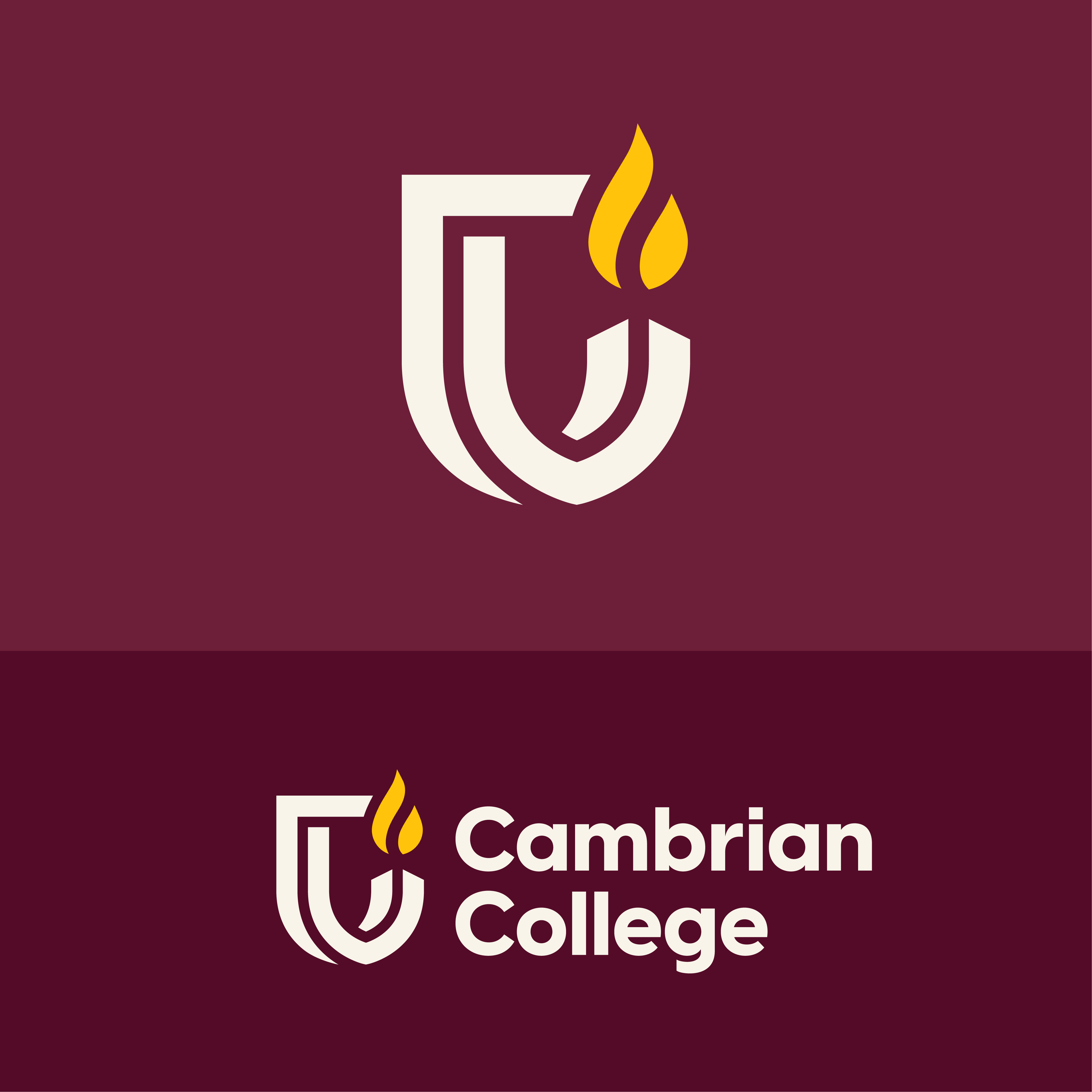 Cambrian College logo symbol displayed with Cambrian wordmark below on a burgundy background